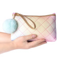 Lingge Rainbow Juice Color Ladies Pouch Leather Cosmetic Makeup Bag with Pompom